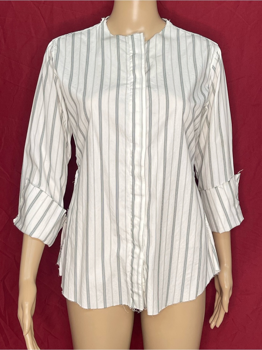 Skif International Wearable Art Pinstriped Collarless Raw Hem Top OSFM SM/L